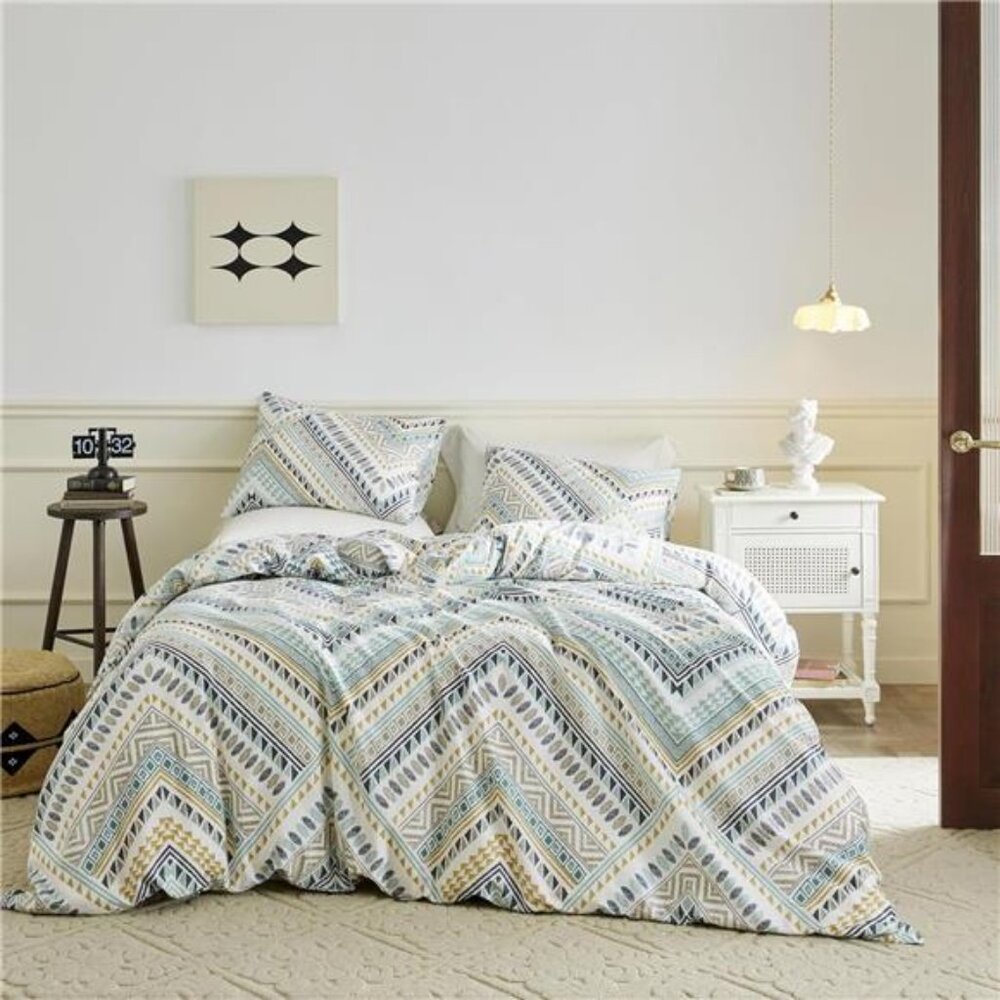 Yellow Green Aztec Duvet Cover Queen 100% Cotton 3 Pcs Set 1 Tribal